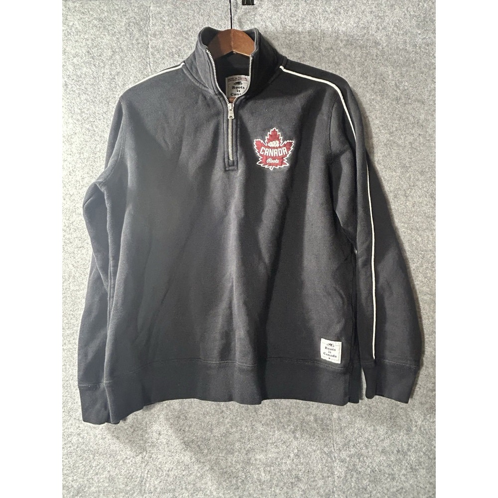 VTG Roots Canada 1/4 Zip Sweatshirt Black Maple Leaf Logo Made in Canada MEDIUM